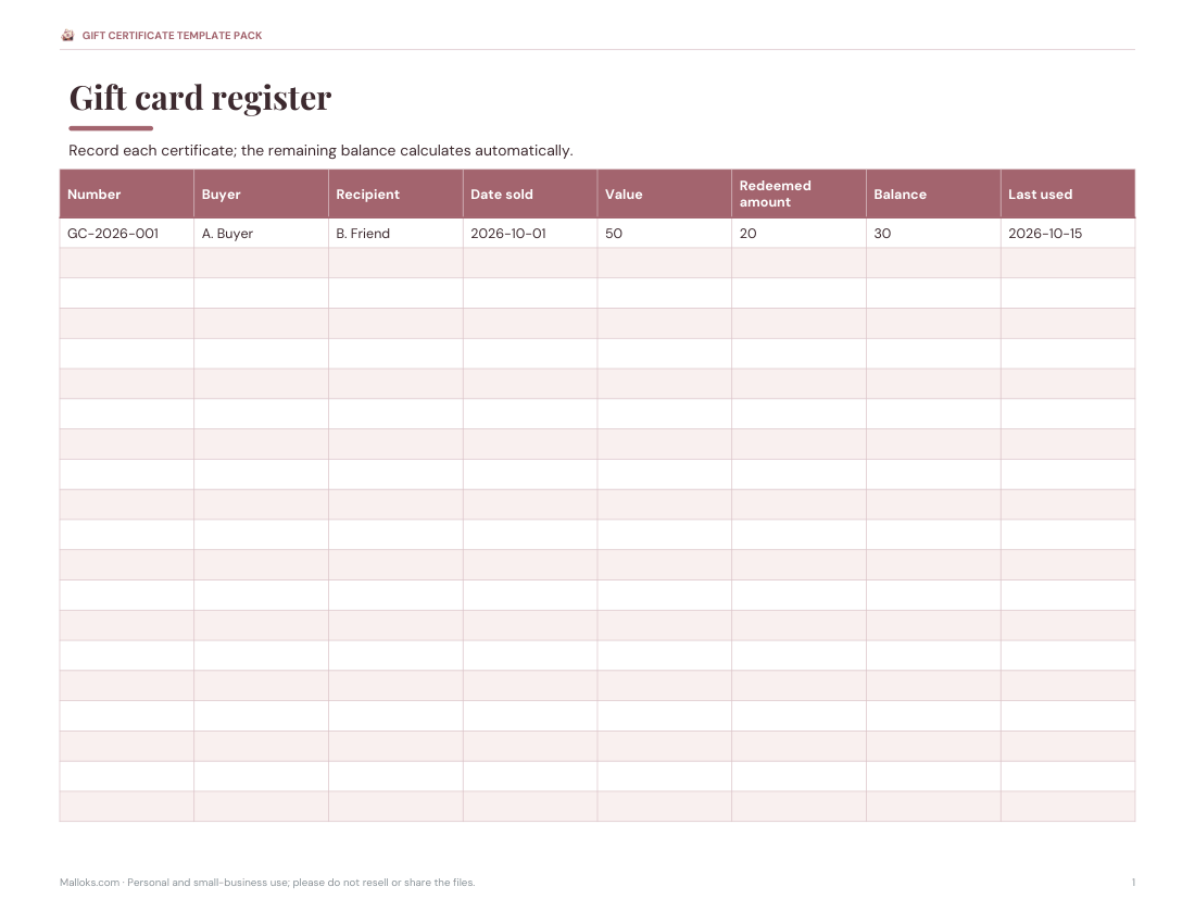 Preview of the first page of Register (XLSX)